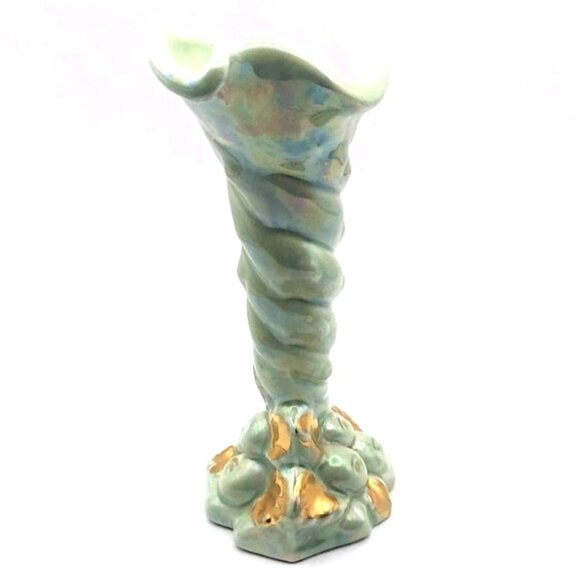Vintage Warranted 22K Gold Accent Ceramic Cornucopia Green Iridescent Vase Decor - Picture 4 of 7